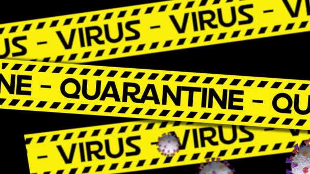 黄色警报带的动画 带有检疫和病毒文字和在黑色背景上漂浮的考拉韦细胞 Global Covid Coronavirus Pandemic Concept Digital Generated Image — 图库视频影像