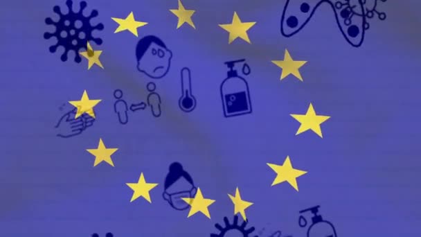 Animation Multiple Covid Coronavirus Icons Moving European Union Flag Background — Stock Video