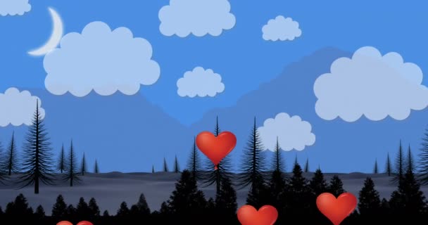 Animation Multiple Heart Shaped Balloons Floating Countryside Landscape Mountains Blue — Stock Video