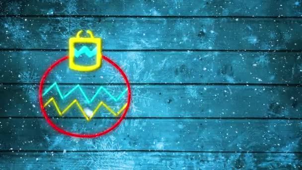 ネオンが点滅するクリスマスの泡と雪のアニメーションは青い木製の素朴な背景に落ちます クリスマスと大晦日のお祝いのコンセプトデジタル生成された画像 — ストック動画