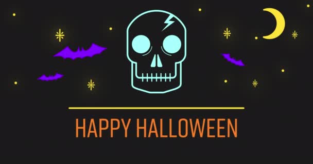 Animace Neonu Šťastný Halloween Text Lebka Netopýři Dekorace Zářícími Prvky — Stock video