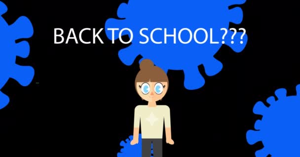 Animatie Van Coronaviruscellen Met Back School Tekstpersoon Met Covid Tekst — Stockvideo