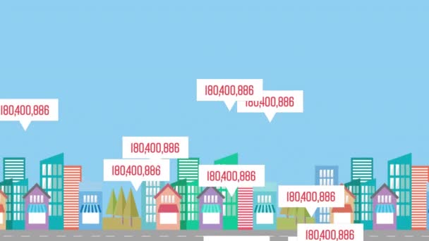 Animatie Van Meerdere Spraakbellen Met Rode Cijfers Groeiend Modern Stadsbeeld — Stockvideo