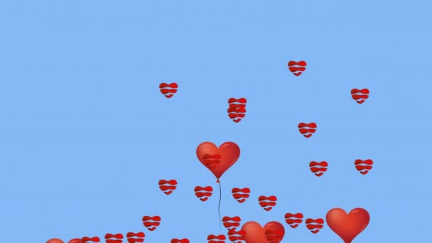 Animación Múltiples Globos Rojos Del Corazón Volando Sobre Fondo Azul — Vídeo de stock