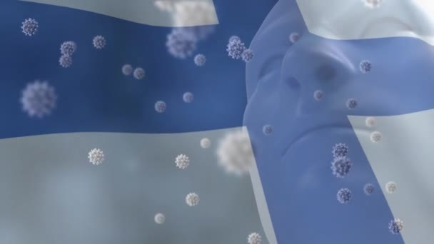 Animation Finnish Flag Waving Macro Covid Cells Floating Human Head — Stock Video