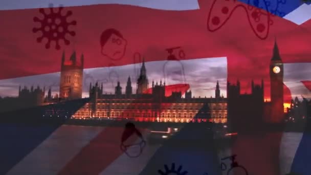 Animación Covid Iconos Sobre Londres Paisaje Urbano Bandera Británica Ondeando — Vídeo de stock