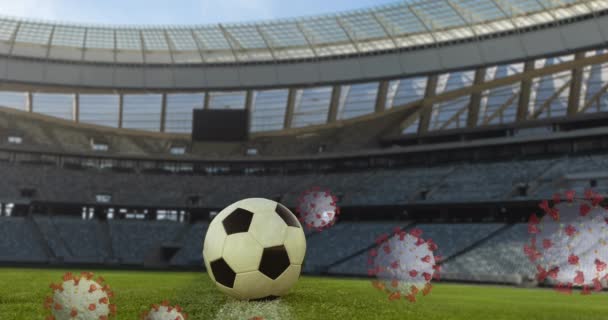 サッカーボールと空のスタジアムの上に浮かんでいる3Dコロナウイルス細胞のアニメーション グローバルCovid 19コロナウイルスパンデミックスポーツコンセプトデジタル的に生成された画像 — ストック動画