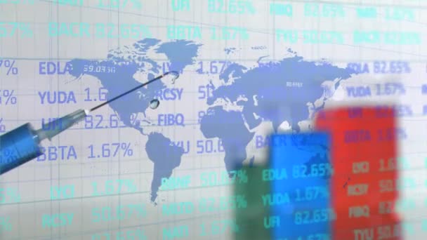 Animación Registro Estadísticas Médicas Con Números Mapa Del Mundo Jeringa — Vídeo de stock