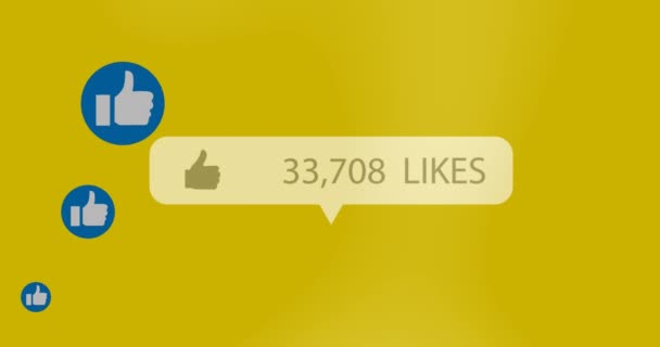 ソーシャルメディアの親指のアニメーション黄色の背景に音声バブルで成長している数字のアイコンのように グローバルソーシャルメディアネットワークの概念デジタル生成画像 — ストック動画