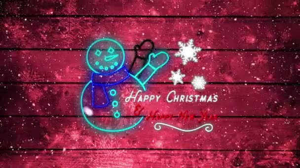 ネオン点滅雪だるまと雪の中で幸せなクリスマスのテキストのアニメーションは 赤い木製の素朴な背景に落ちます クリスマスと大晦日のお祝いのコンセプトデジタル生成された画像 — ストック動画