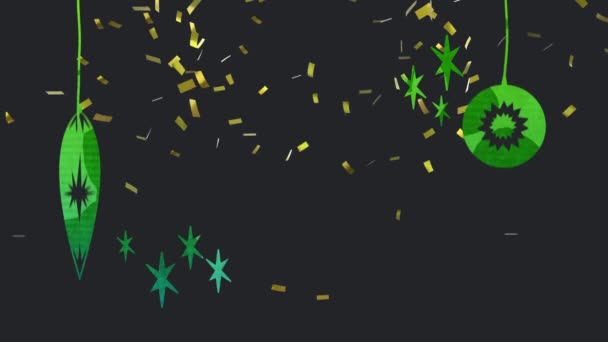 Анимация Текста Новым Годом Зелеными Елочными Украшениями Падающими Золотыми Конфетти — стоковое видео