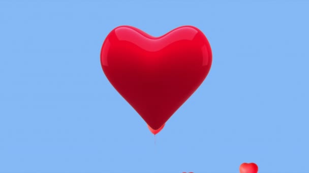 Animation Red Heart Beating Red Heart Balloons Flying Blue Background — Stock Video