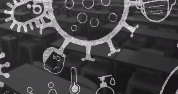Animáció Több Covid Koronavírus Ikonok Mozog Üres Osztályteremben Háttérben Globális — Stock videók