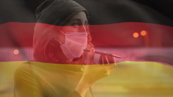 Animatie Van Duitse Vlag Zwaaiend Blanke Vrouw Met Een Gezichtsmasker — Stockvideo