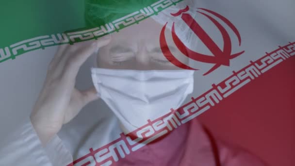 Animatie Van Iraanse Vlag Wapperend Blanke Vrouwelijke Wetenschapper Met Een — Stockvideo