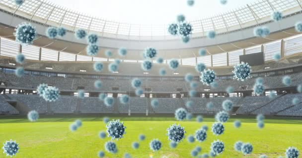 在空旷的体育场上漂浮的考拉韦细胞的动画 Global Covid Coronavirus Pandemic Sport Concept Digital Generated Image — 图库视频影像