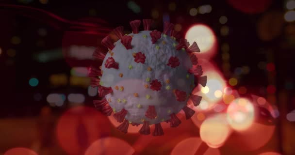 科维德19号手机的动画从交通和城市灯光的焦点上旋转而过 全球Coronavirus Covid 19大流行病概念数字生成图像 — 图库视频影像
