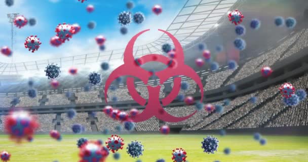 三维冠状细胞和生物危害符号的动画漂浮在空荡荡的体育场上 Global Covid Coronavirus Pandemic Sport Concept Digital Generated Image — 图库视频影像