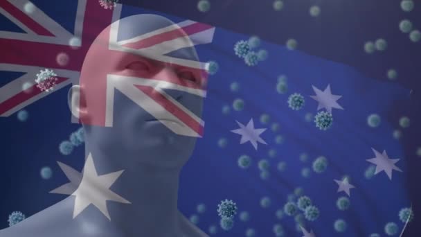 在大型Covid 19细胞和3D人头模型上挥动澳大利亚国旗的动画 Covid Coronavirus国家健康安全概念数字复合材料 — 图库视频影像