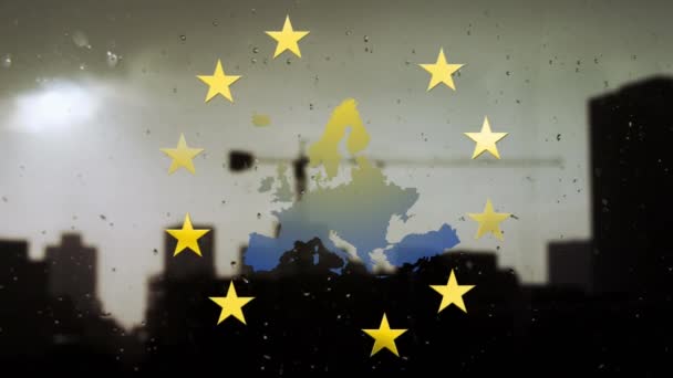 Avrupa Haritası Animasyonu Arkasında Dönen Sarı Yıldızlar Binalar Olan Avrupa — Stok video