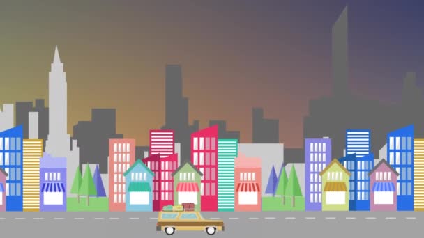 Animation Von Stadtlandschaften Mit Modernen Gebäuden Straßenverkehr Blauem Himmel Wolken — Stockvideo