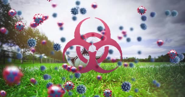 三维冠状细胞和生物危害符号在足球和空荡荡的体育场上的动画 Global Covid Coronavirus Pandemic Sport Concept Digital Generated Image — 图库视频影像
