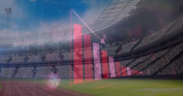 Animação Células Coronavírus Diagramas Flutuando Sobre Estádio Vazio Global Covid — Vídeo de Stock