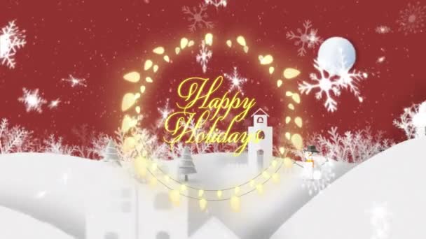 Animation Des Textes Frohe Feiertage Mit Leuchtenden Lichtern Und Schneeflocken — Stockvideo