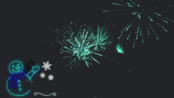 Animatie Van 2021 Tekst Met Exploderend Vuurwerk Neon Sneeuwpop Flikkerend — Stockvideo