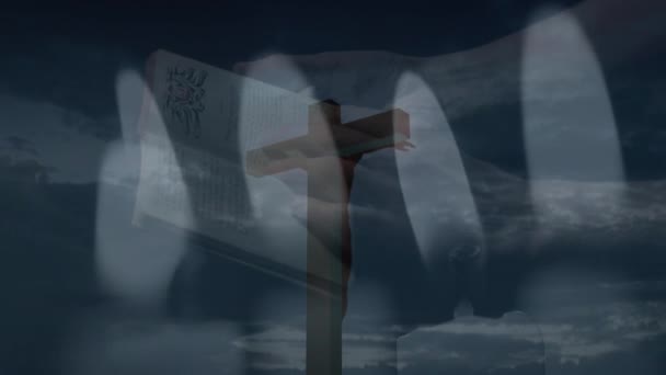 Animáció Személy Imádkozó Tartja Biblia Keresztény Kereszt Felhők Felett Vallás — Stock videók