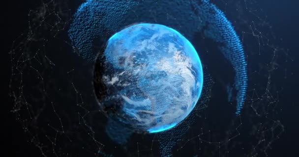 Animation Des Blau Leuchtenden Planeten Erde Mit Digitalem Netzwerk Von — Stockvideo