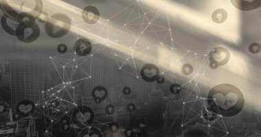 Şehir manzarası üzerindeki simgelerle bağlantı ağının resmi. küresel iş ve dijital arayüz kavramı dijital olarak oluşturulmuş görüntü.