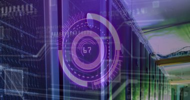 Sunucu odasında veri işleme ile tarama kapsamı resmi. Küresel teknoloji, çevrimiçi güvenlik ve dijital arayüz kavramı dijital olarak oluşturulmuş görüntü.