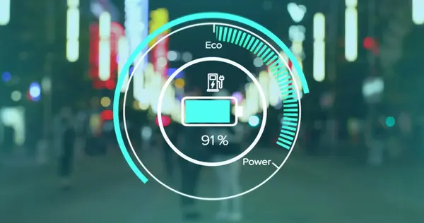 Bild Elbilens Hastighetsmätare Databehandling Över Staden Globalt Koncept För Elbilsresor — Stockfoto
