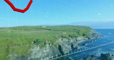 Arazi üzerinde kırmızı çizgi ve finansal veri işleme animasyonu. Küresel finans, iş, bağlantılar, hesaplama ve veri işleme kavramı dijital olarak oluşturulmuş video.