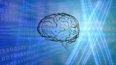 İkili kodlama üzerinde dönen beynin animasyonu. Küresel bilim, teknoloji ve dijital arayüz kavramı dijital olarak oluşturulmuş video.