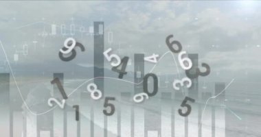 Gökyüzü ve manzara üzerindeki grafik ve veri işleme animasyonları. Veri, dijital arayüz, iş dünyası, büyüme, bağlantı, işleme ve küresel iletişim, dijital olarak oluşturulmuş video.