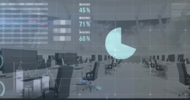 Boş ofis üzerinden finansal veri işleme animasyonu. Küresel iş, finans, bilgisayar ve dijital arayüz kavramı dijital olarak oluşturulmuş video.