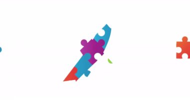 Beyaz arka planda renkli yapboz parçaları olan kurdele animasyonu. Otizm farkındalığı ayı ve dijital olarak oluşturulan kutlama konsepti.