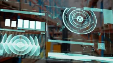 Depodaki veri işleme ve diyagramlarının animasyonu. Küresel dağıtım ve dijital arayüz kavramı dijital olarak oluşturulmuş video.