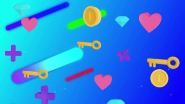 Mavi arkaplandaki soyut şekillerin üzerinde sarı anahtar ve saat simgelerinin canlandırılması. Zaman, güvenlik, veri, dijital arayüz ve iletişim, dijital olarak oluşturulmuş video.