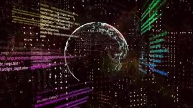 Dünya üzerinde veri işleme animasyonu ve siyah arkaplan üzerindeki bağlantılar. Dijital olarak oluşturulmuş küresel bağlantılar, bilgisayar ve dijital arayüz kavramı.