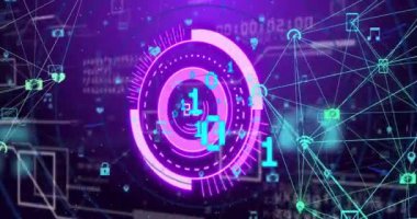 Siyah arkaplanda veri işleme ve bağlantı ağı taraması animasyonu. Küresel teknoloji, hesaplama, bağlantılar ve dijital arayüz konsepti dijital olarak oluşturulmuş video.