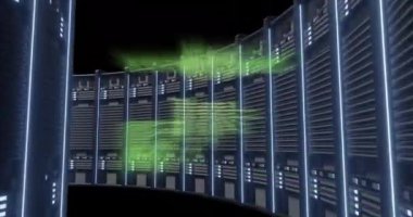 Bilgisayar sunucuları üzerinde dijital veri işleme animasyonu. Dijital olarak oluşturulmuş küresel bağlantılar, hesaplama ve veri işleme kavramı.