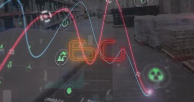 6G metin, grafik ve işleme verilerinin ürün deposu üzerinden animasyonu. Veri, dijital arayüz, bağlantı, endüstri, işleme, iş ve iletişim, dijital olarak oluşturulmuş video.