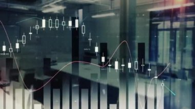 Karanlık arka planda finansal veri işleme animasyonu. Küresel finans, iş, bağlantılar, hesaplama ve veri işleme kavramı dijital olarak oluşturulmuş video.