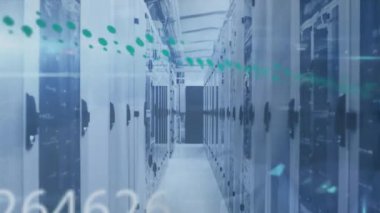 Sunucu odasında şema ve veri işleme animasyonları. Küresel teknoloji ve dijital arayüz konsepti dijital olarak oluşturulmuş video.