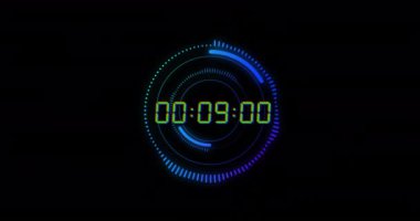 Siyah zemin üzerinde mavi halkalar ile değişen yeşil dijital zamanlayıcının animasyonu. Zaman, dijital arayüz ve veri işleme konsepti dijital olarak oluşturulmuş video.