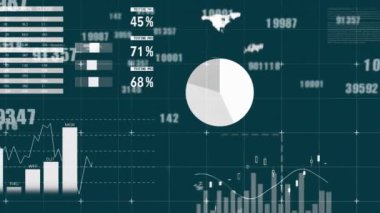 Karanlık arka planda finansal veri işleme animasyonu. Küresel finans, iş, bağlantılar, hesaplama ve veri işleme kavramı dijital olarak oluşturulmuş video.