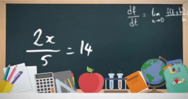 Matematiksel denklemler üzerinde okul ögeleri simgelerinin canlandırılması. Küresel eğitim ve dijital arayüz kavramı dijital olarak oluşturulmuş video.